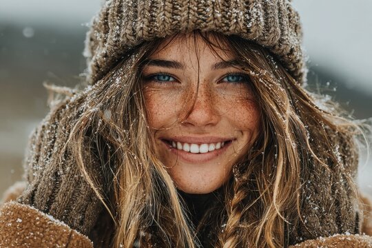 Woman smiles holding snow in a knitted hat . winter time 
