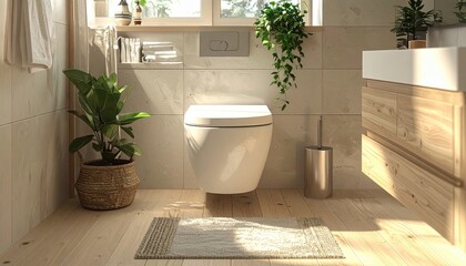 Bright and airy bathroom interior features a modern, wall-mounted toilet and wooden vanity.