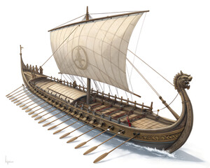 Greek Trireme Warship with Rows of Oars and Bronze Details Isolated on White,Ancient Greek Trireme Ship Illustration with Oars and Bronze Design Isolated