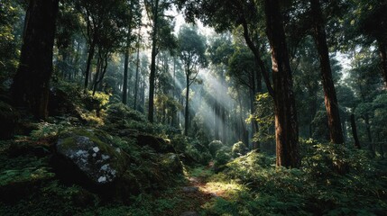 Obraz premium Lush Green Forest with Tall Trees Sunlight Filte Through Canopy Dense Vegetation Nature Scenic Wilderness Landscape