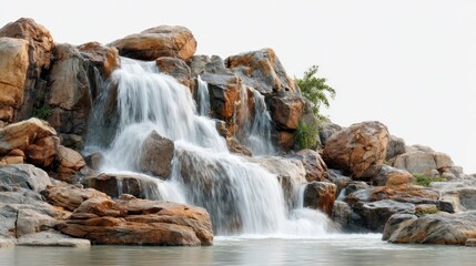 Obraz premium Tranquil natural waterfall cascading over rocks into calm pool with lush greenery and overcast sky in the background, captu peaceful outdoor scenery