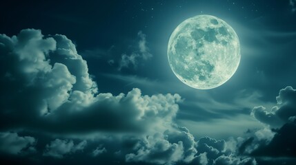 Obraz premium Bright full moon behind drifting soft clouds, night sky background, cinematic atmospheric scene.