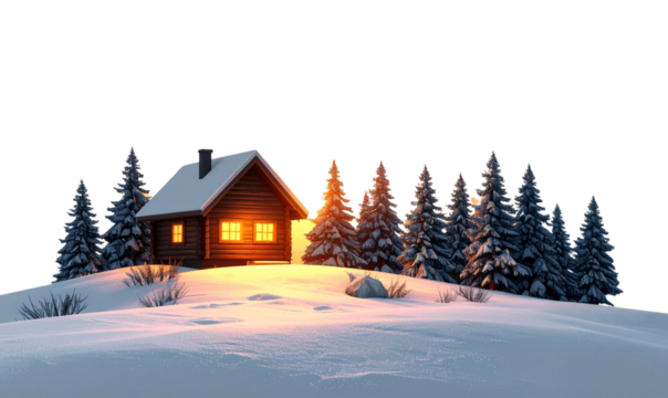 PNG Rustic Wooden Cabin on Snowy Hill with Pine Trees