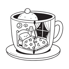 A hand drawn children's illustration of a cozy and cute illustration of a small bedroom inside a cup cut in half. 