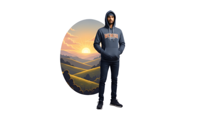 Man in hoodie stands confidently showcasing modern fashion and style.
