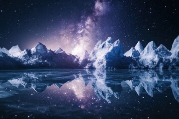 Fototapeta premium Majestic mountain range reflecting in calm waters under a starry night sky with a vibrant galaxy