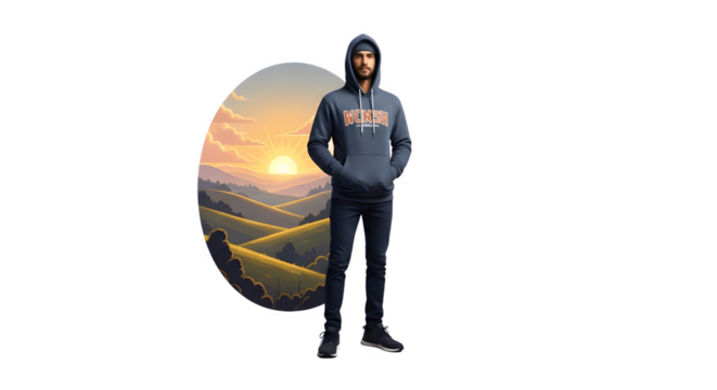 Man in hoodie stands confidently showcasing modern fashion and style.