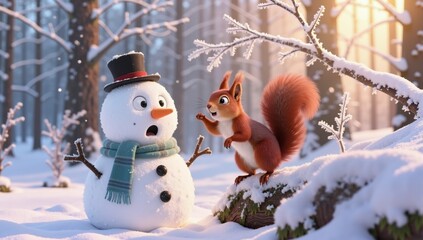 Cartoon snowman in top hat meeting surprised red squirrel in winter forest