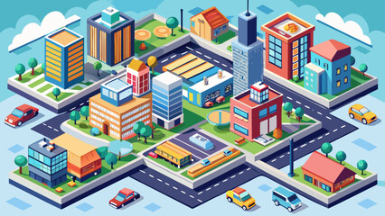 Megapolis 3d isometric three-dimensional view of the city. Collection of houses, skyscrapers, buildings, built and supermarkets with streets and traffic. The stock 