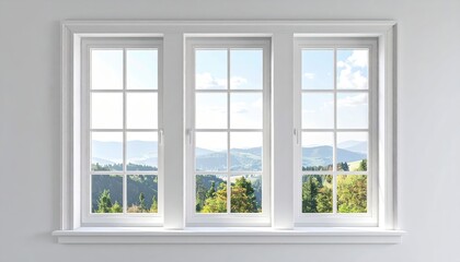 Bright white window frames, with a view of rolling green hills, lush trees, and a clear blue sky with fluffy clouds in a well-lit room, creating a serene and peaceful atmosphere.