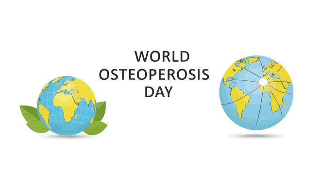 World Osteoporosis Day illustration featuring two stylized globes with blue oceans and yellow continents, accompanied by green leaves. - Powered by Adobe