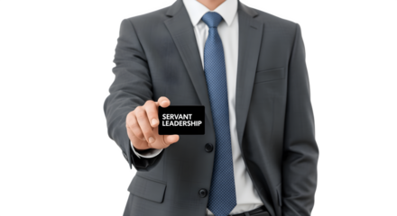 Man in Suit Holding Servant Leadership Card on White Background.