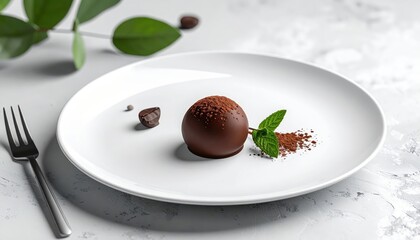 Exquisite presentation of a gourmet chocolate dessert, a sphere dusted with cocoa powder, sits elegantly on a white plate with fresh mint leaves, a smaller chocolate piece, and a fork alongside, all.