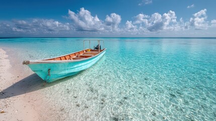 Naklejka premium Tropical beach with crystal-clear water, a small boat docked on the shore, isolated on a white background