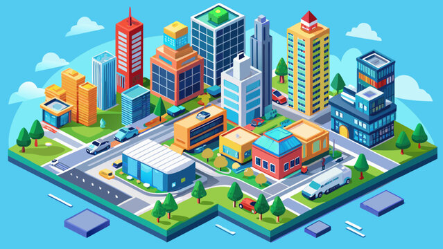 Megapolis 3d isometric three-dimensional view of the city. Collection of houses, skyscrapers, buildings, built and supermarkets with streets and traffic. The stock 