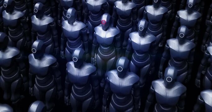 Futuristic humanoid robots walking in formation with camera zooming. Technology Related Abstract 3D Concept Animation.