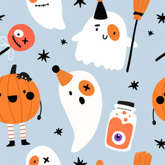Seamless pattern with cute Halloween characters. Flat style, hand-drawn pattern.