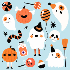 A cute collection of Halloween ghost characters, isolated prints in flat style