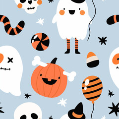 Seamless pattern with cute Halloween characters. Flat style, hand-drawn pattern.