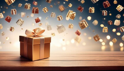 gift present box on the table on a falling from the sky gift boxes background