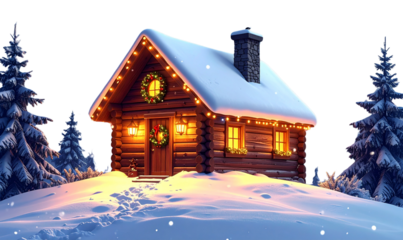 Transparent Background, PNG Festive Christmas Cabin with Snowy Hill and Holiday Lights