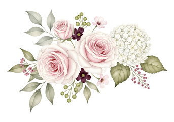 Pink roses white hydrangea and green leaves floral arrangement with purple accents