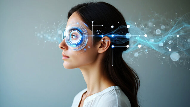 Woman wearing futuristic augmented reality headset interacting with digital data image