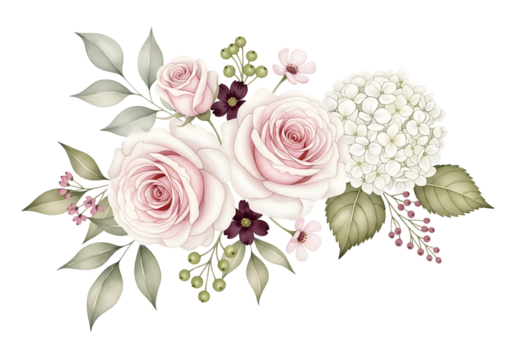 Pink roses white hydrangea and green leaves floral arrangement with purple accents