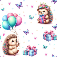 Fototapeta premium Cute Baby Hedgehog Birthday Seamless Pattern with Flower Crown, Balloons, Presents, and Butterflies