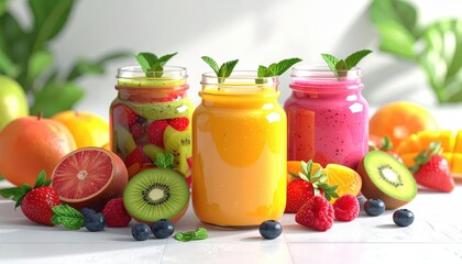 Vibrant and refreshing smoothies in mason jars are arranged with a variety of fresh fruits, including strawberries, kiwis, oranges, and blueberries, creating a colorful, healthy, and appealing food...