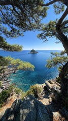 Coastal view framing the ocean and a small island, framed by trees