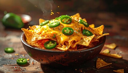 Delicious bowl of nachos with melted cheese, sliced green peppers, and seasonings, presented on a rustic wooden surface.