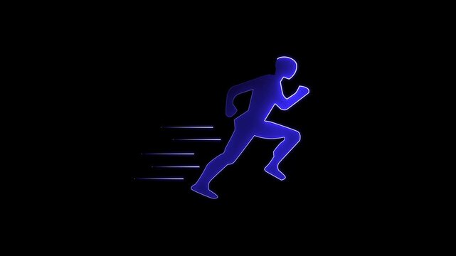 Pictogram of a running man on black background , Running neon sign appear in center and disappear after some time.