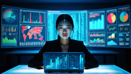 Woman wearing suit analyzing data on multiple screens image