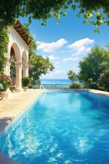 Serene poolside view overlooking a tranquil sea, framed by lush greenery and vibrant flowers, Ideal for promoting luxury travel, vacation rentals, or lifestyle and wellness concepts,