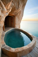 A serene outdoor jacuzzi nestled in a rocky cave overlooking calm waters at sunset, ideal for promoting relaxation, luxury retreats, and nature-inspired wellness experiences,