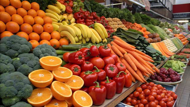 "Colorful assortment of fresh fruits and vegetables including oranges, tomatoes, peppers, bananas, broccoli, and carrots arranged in a vibrant display.
"
