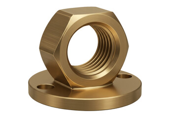 Golden bronze flange nut isolated on white, industrial fastener component for mechanical...