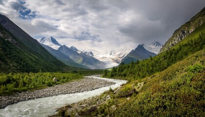 Obraz premium beautiful landscape with mountain river among rocks and hills in green alpine valley lush flora and dense thicket with view to big glacier and large snow mountain range far away under gray cloudy sky
