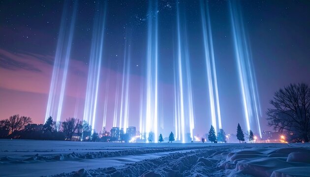 Stunning night sky illuminated by powerful searchlights piercing the winter atmosphere above a snow-covered landscape and distant city lights