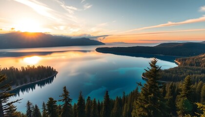 Obraz premium Golden Sunrise Over Mountain Lake Landscape