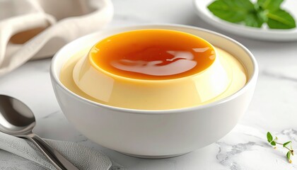 Creamy custard dessert, presented in a white bowl, features a glossy caramel topping, capturing the essence of deliciousness.