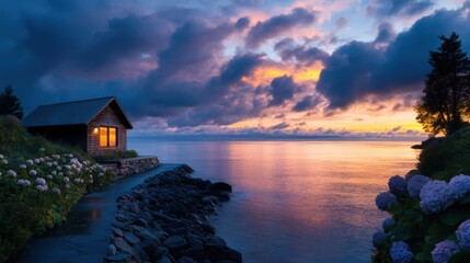 A tranquil lakeside cabin surrounded by blooming hydrangeas and a serene sunset reflects on the calm water, perfect for promoting relaxation, nature retreats, or real estate listings,
