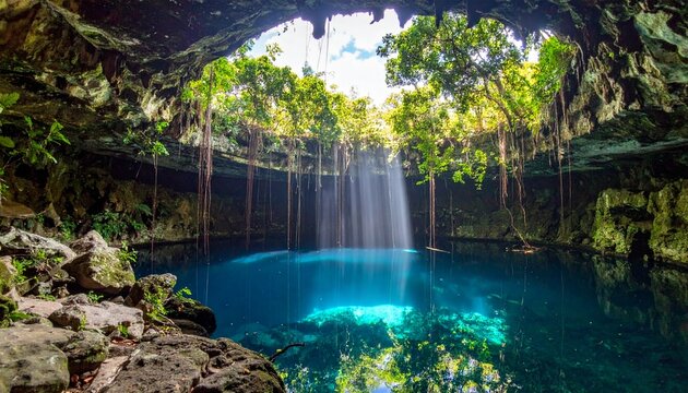 Sunbeams dramatically pierce jungle canopy illuminating ethereal turquoise cenote water creating a mystical natural wonder perfect for travel and adventure inspiration