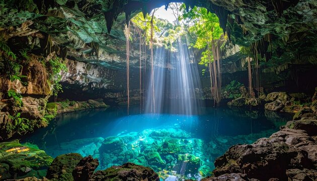 Sunbeams pierce lush jungle cave illuminating crystal clear turquoise cenote water and ancient rock formations creating a mystical natural wonder for adventure travel concepts.