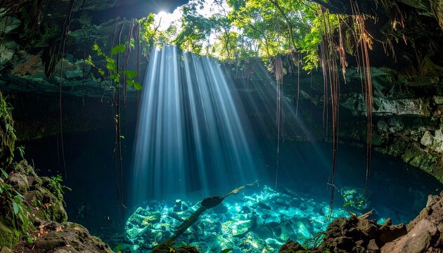 Sunbeams pierce ancient cenote ceiling illuminating crystal clear turquoise water and lush jungle foliage creating a breathtaking natural wonder