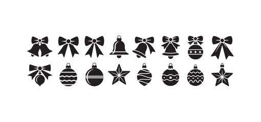 Christmas silhouette vector set featuring bells, bows, ornaments, baubles, and stars. Perfect festive holiday decorations for greeting cards, crafts, invitations, party designs, and seasonal projects