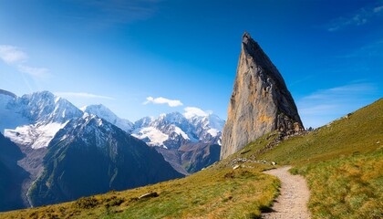 beautiful mountain landscape with footpath and great sharp rock on hillside awesome alpine scenery with pointy crag on background of snowy mountains under blue sky trail near big pointed stone