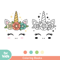 Cute unicorn face coloring page with floral accents and rainbow color palette