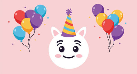 Cute cartoon unicorn face with party hat and balloons celebrating a birthday